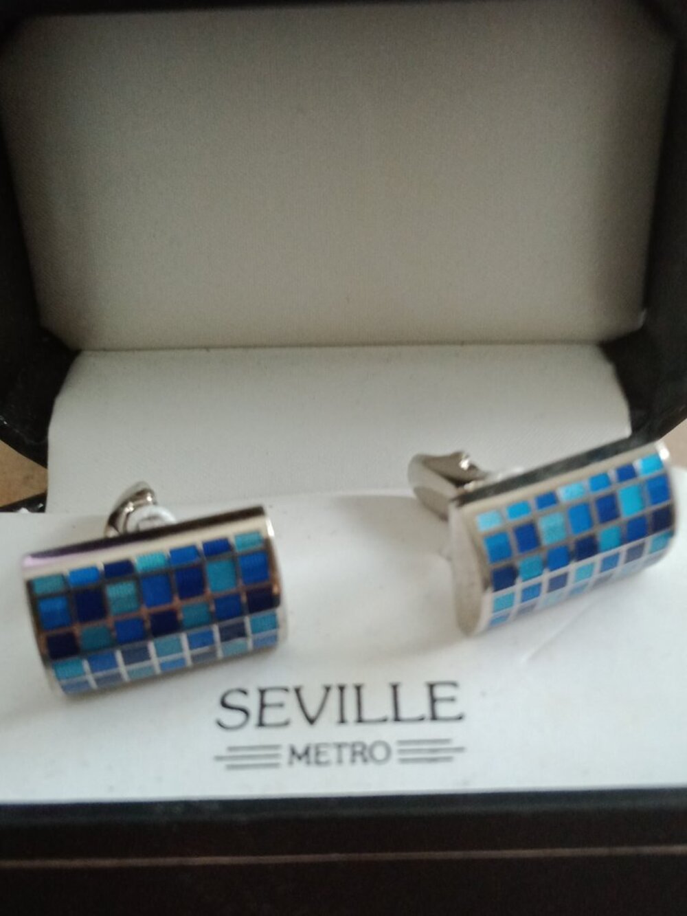 Vintage Seville Rectangle Silver Cuff Links with Geometric Blue Squares
